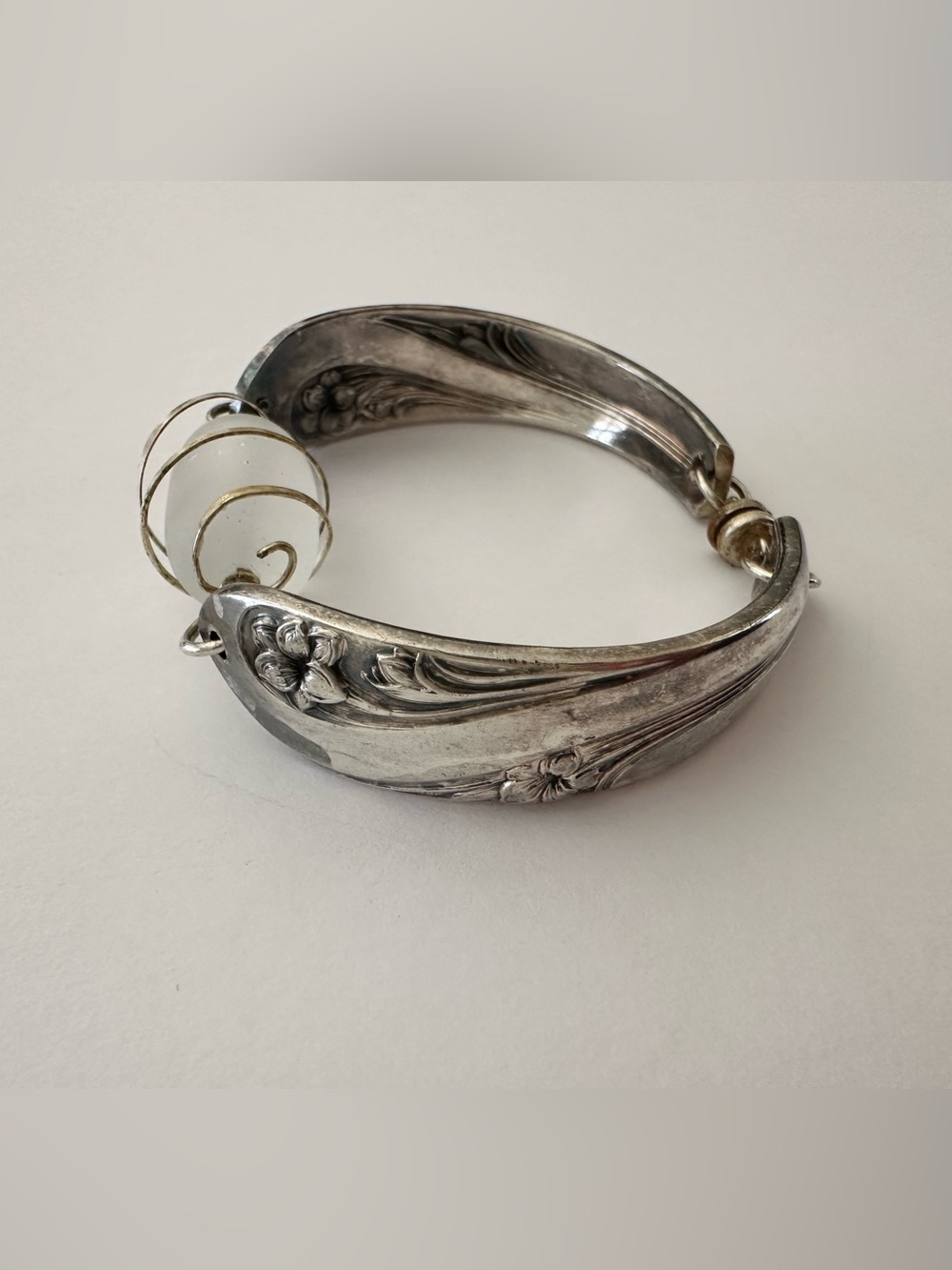 Sterling Silver Floral Spoon Bracelet with Glass Accent - Silver